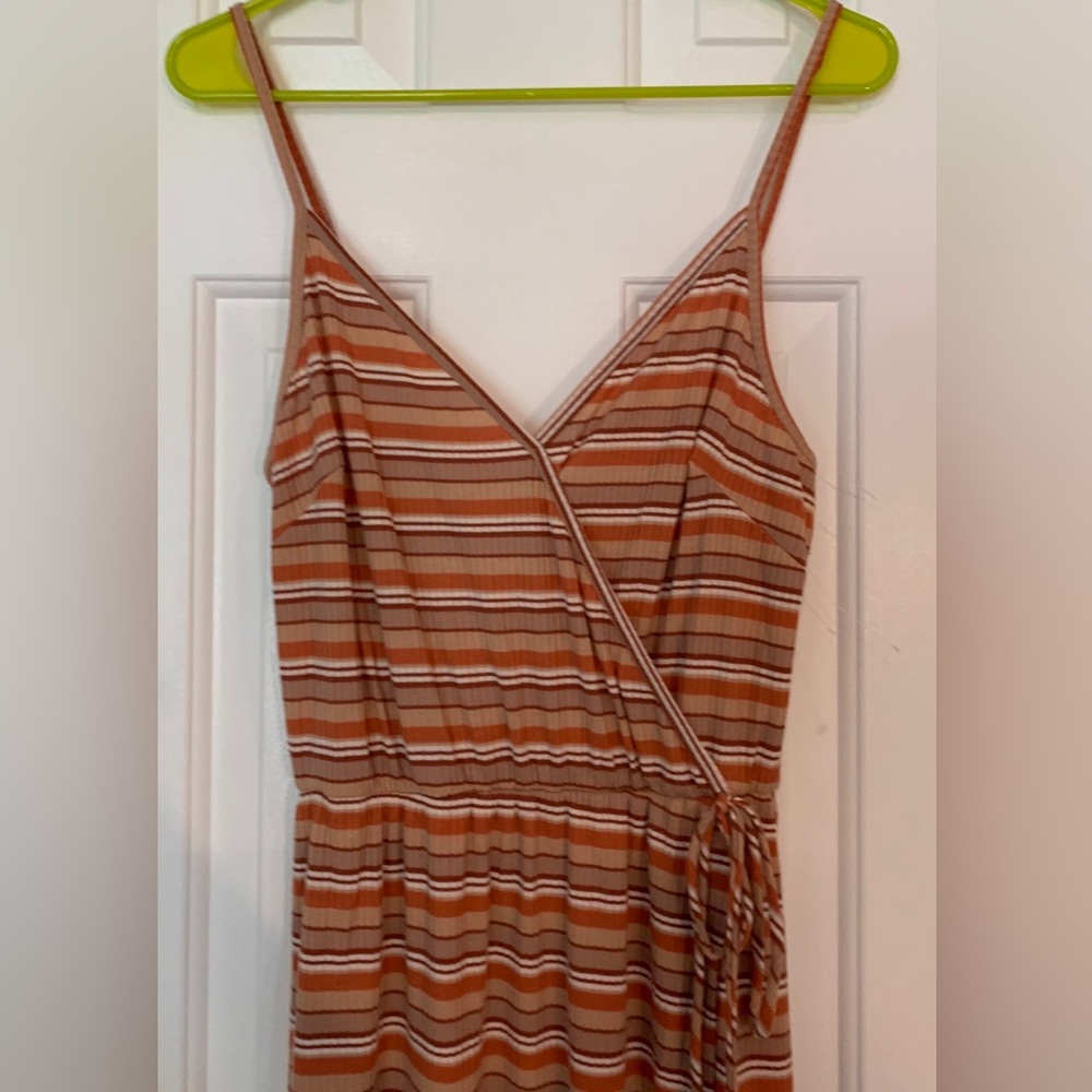 Trendy IS stripe it wrap dress with spaghetti straps, orange, beige, brown white